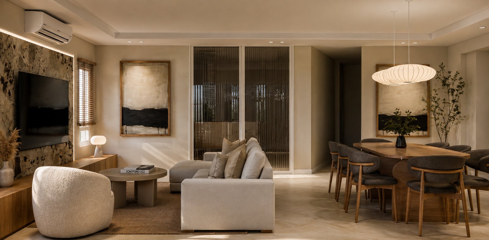 Sala de jantar e estar moderna com detalhes boho e texturas naturais — projeto Diseño de casa estilo japandi, por Mela Deco Design, em Belén de Escobar