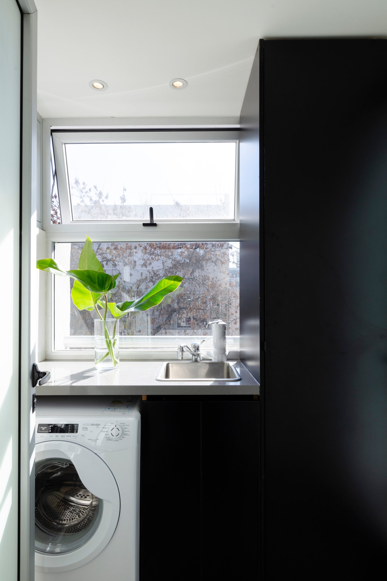 Lavanderia moderna com janela, planta e máquina de lavar branca — projeto Guayra - Andrea Gonzales, por ABEJA CONCEPT, em Belgrano