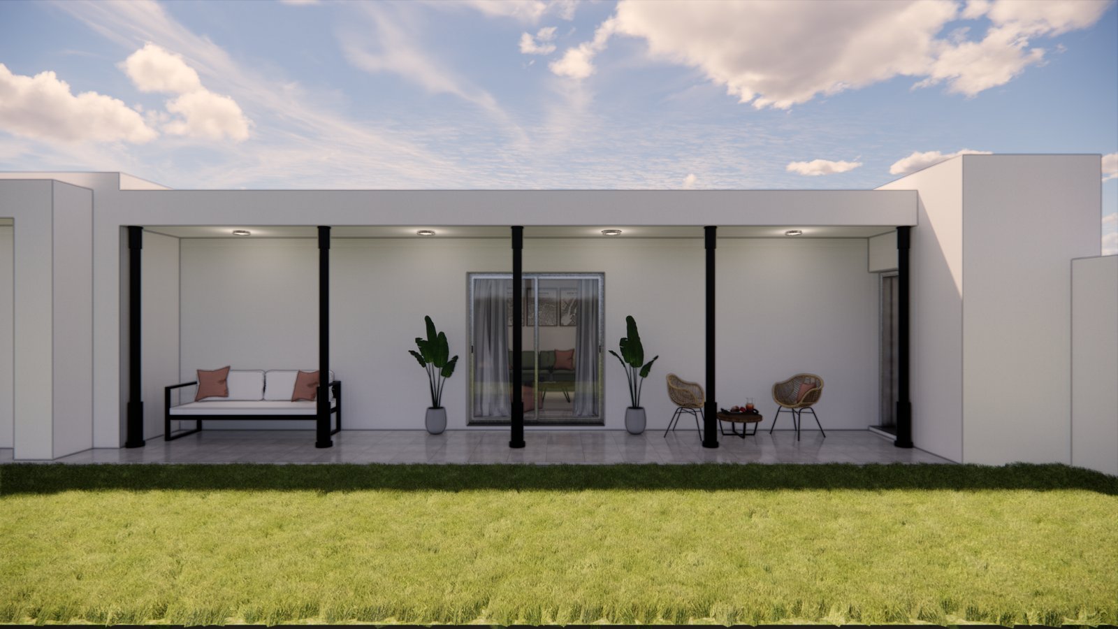 Pátio moderno com sofá branco e jardim bem cuidado — projeto ANTEPROYECTO SALA MULTIFUNCIÓN, por Todo con A, em Villa del Rosario