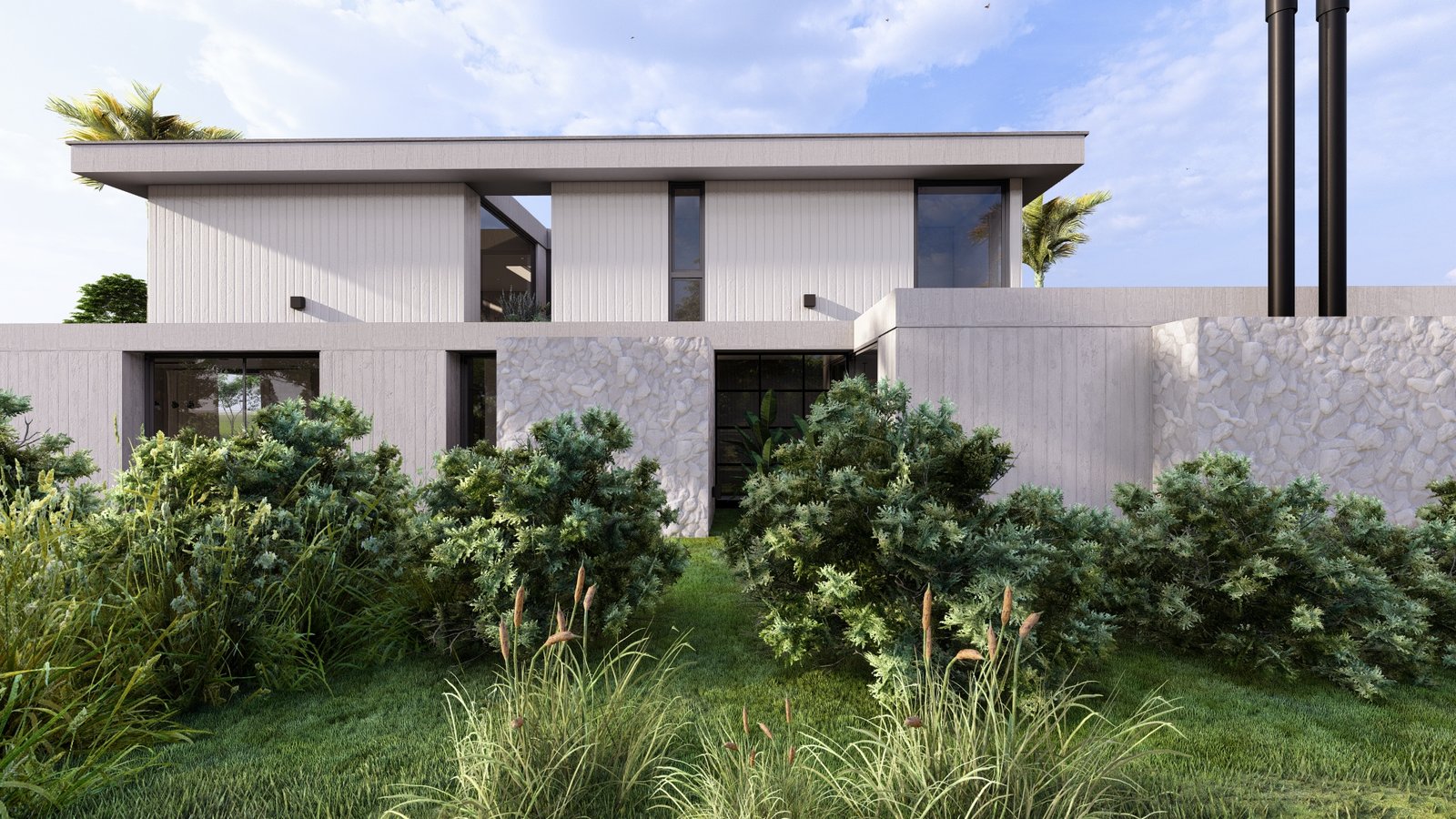 Casa moderna minimalista rodeada de vegetación exuberante — proyecto Casa BF, por Hermann Arquitectos, en Nordelta