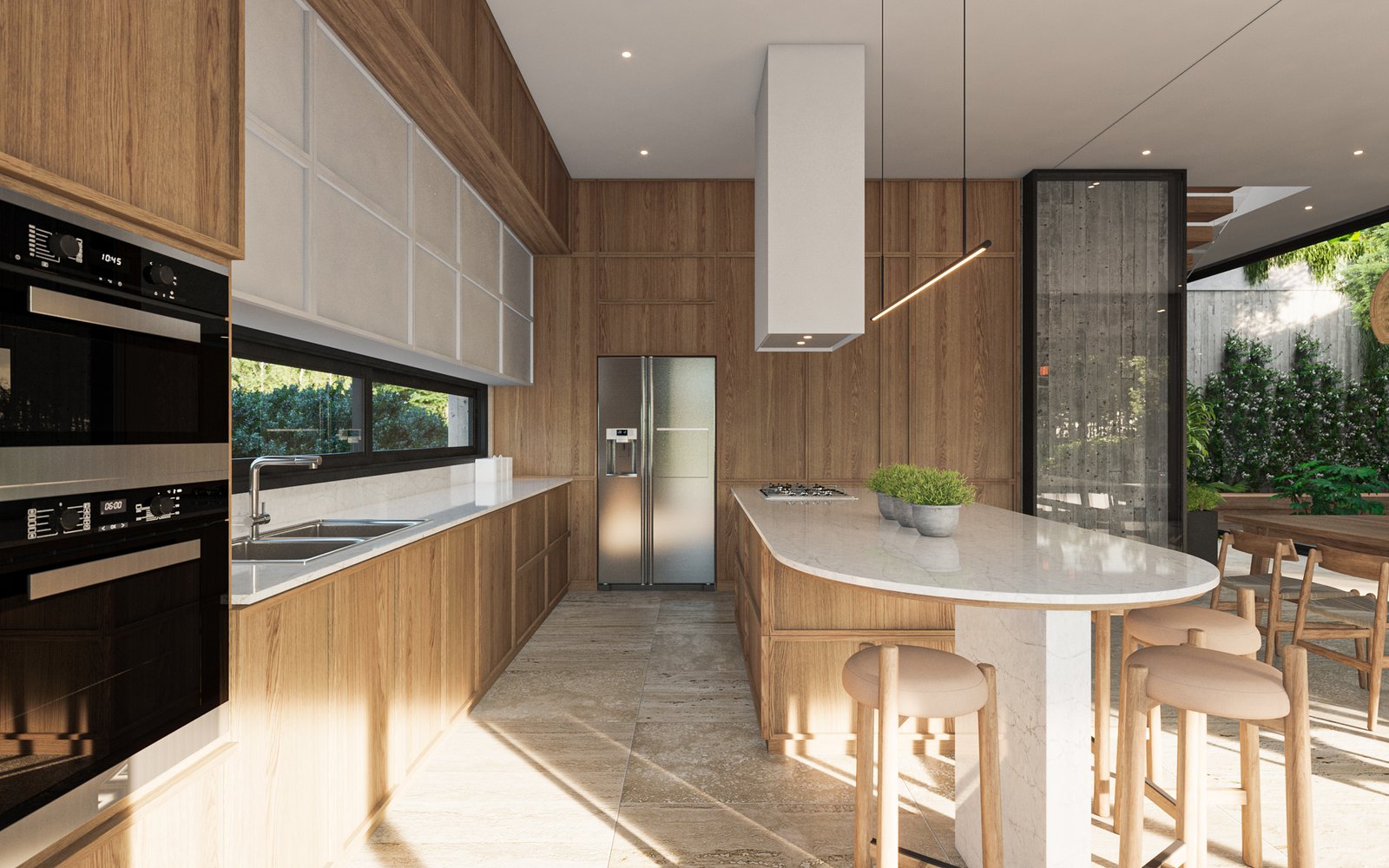 Cocina moderna y minimalista con isla ovalada y revestimiento de madera — proyecto Casa PUERTOS, por Grupo CRBN, en Provincia de Buenos Aires
