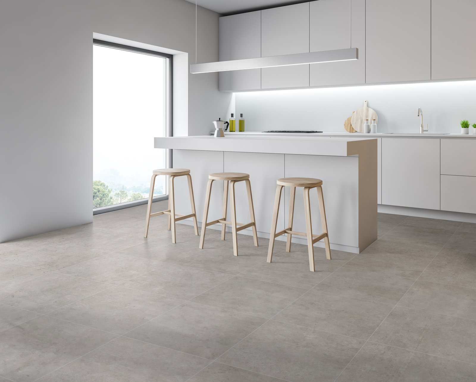 Cozinha moderna minimalista com ilha e janela grande — projeto 60x60, por Cerámica Alberdi