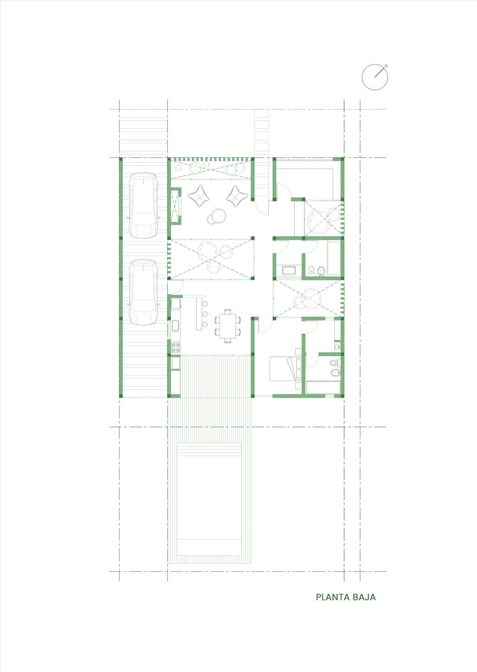 Plano arquitetônico de planta baixa residencial — projeto T17 - CASA PATIOS, por Estudio Llobet, em Pilar