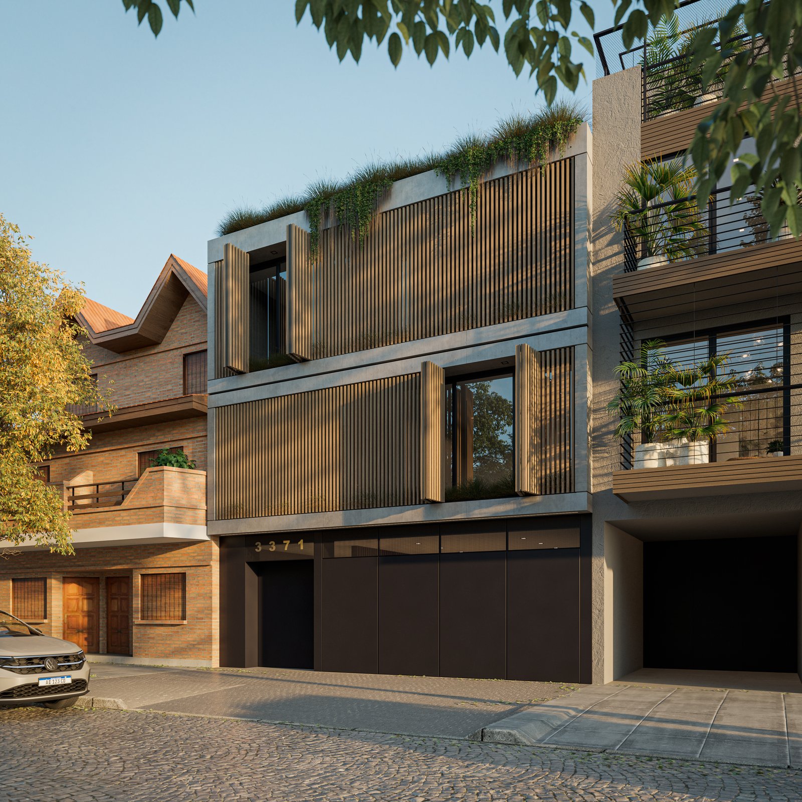 Fachada moderna con madera y concreto en entorno urbano — proyecto Casa IZA, por Grupo CRBN, en Villa Urquiza