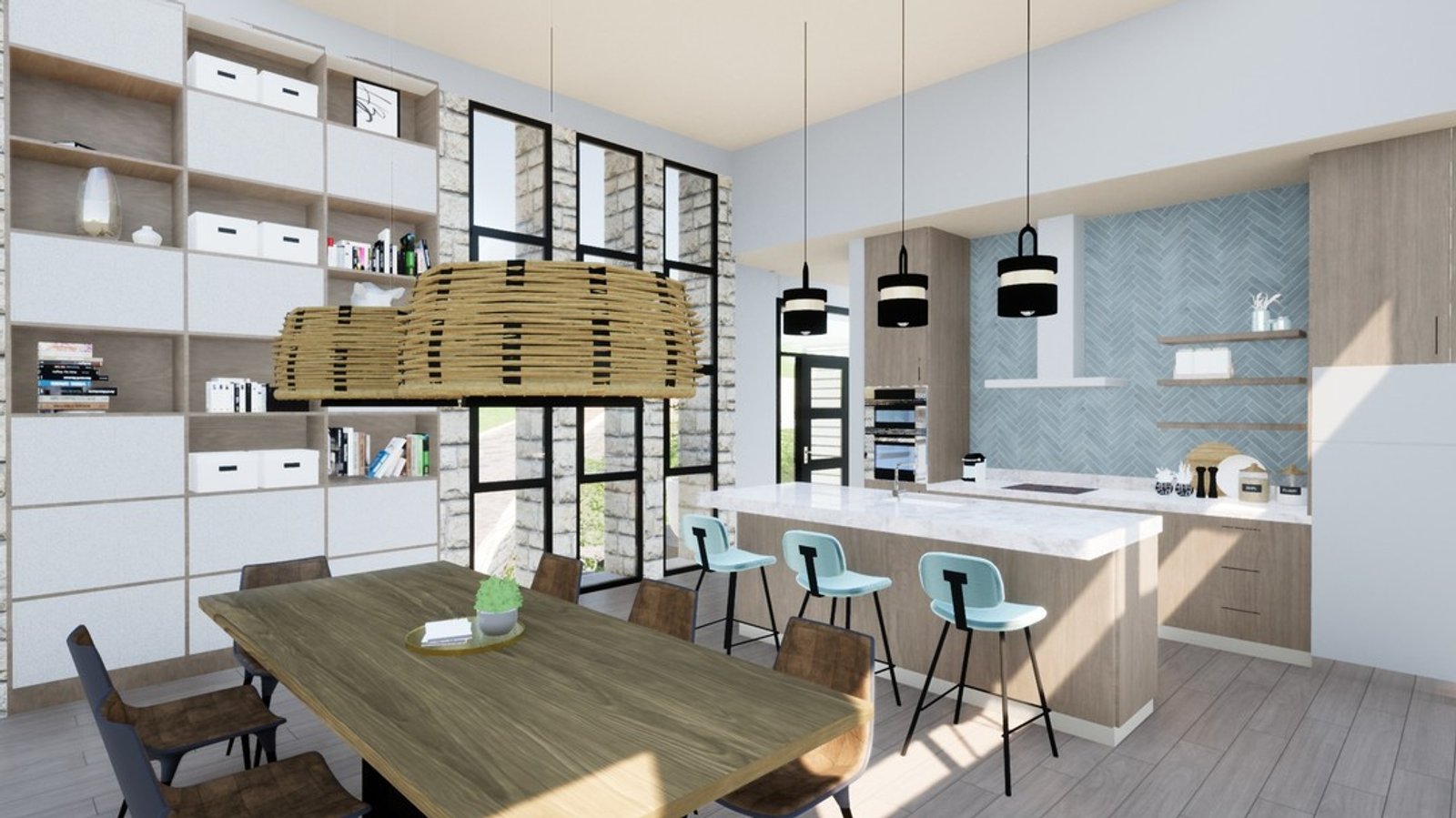 Cocina y comedor moderno con isla central y luces de ratán — proyecto Casa Las Vertientes, por Luciana González Anderson, en Salta
