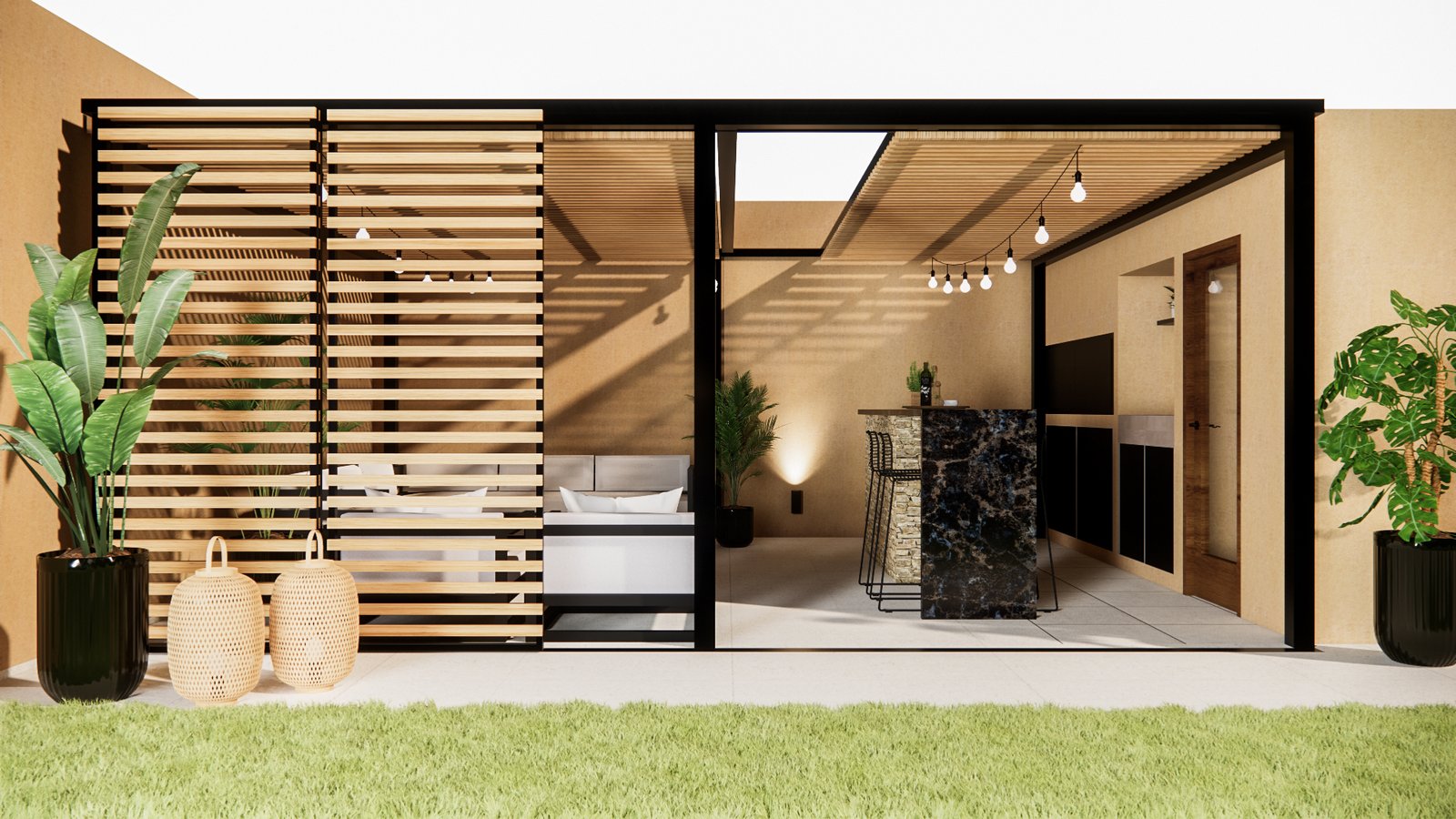 Cocina y living moderno semi-exterior con isla de mármol — proyecto Diseño cálido de patio, por Mela Deco Design, en Buenos Aires