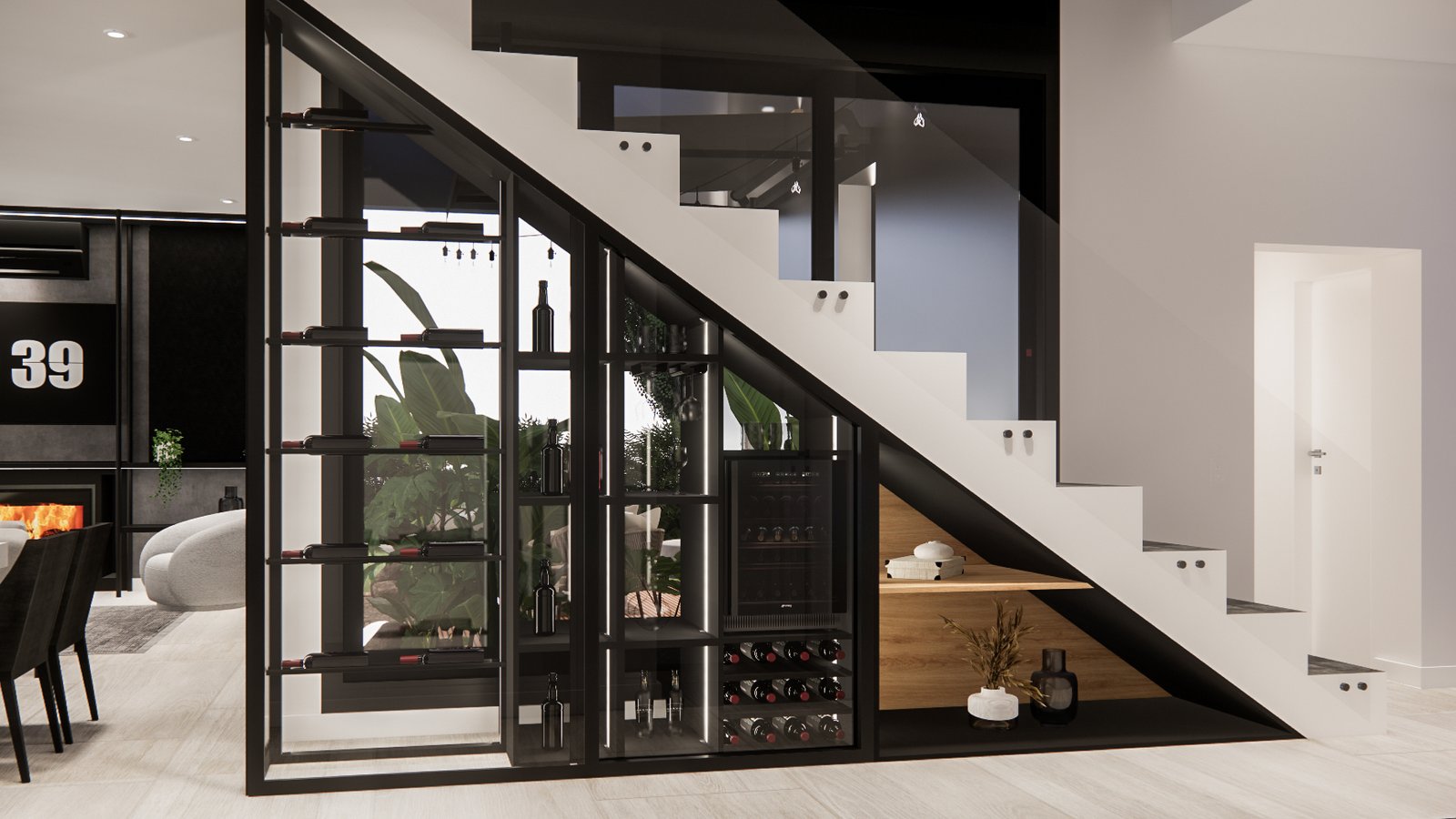Escalera flotante moderna con bodega y estanterías integradas — proyecto Diseño de casa contemporánea y elegante , por Mela Deco Design, en Buenos Aires