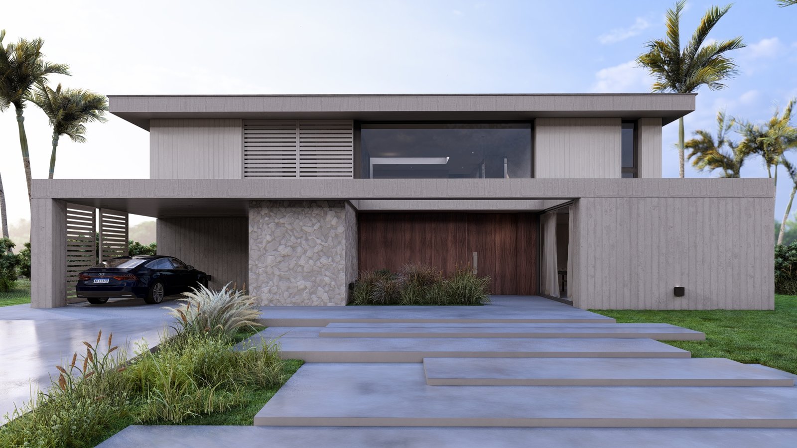 fachada moderna com detalhes em madeira e pedra — projeto Casa BF, por Hermann Arquitectos, em Nordelta