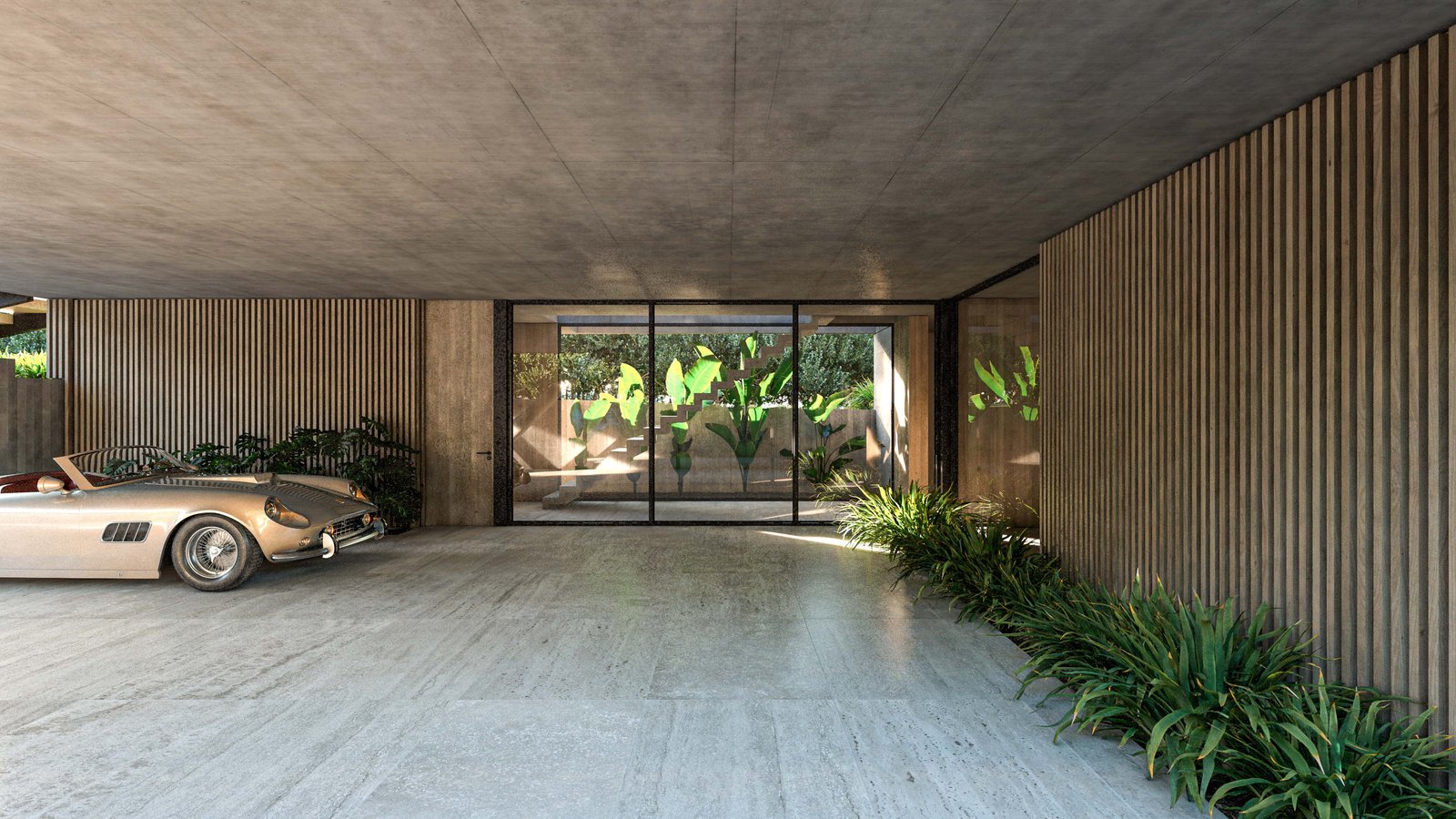 Entrada moderna con auto clásico y muros de madera — proyecto Casa GOLF, por Grupo CRBN, en Ruta Panamericana Nº. 9