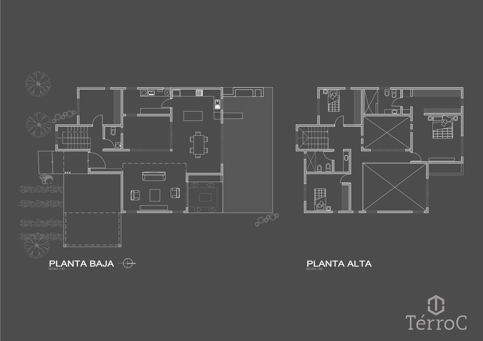 Planta arquitetônica de casa moderna com pátio e pérgola — projeto Proyecto E-E, por TERROC, em Maipú