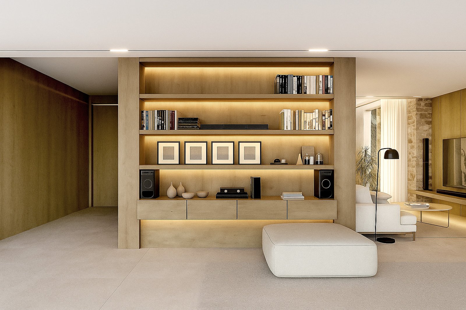 Sala de estar moderna com prateleiras de madeira integradas e luz quente — projeto Casa SC464, por EZ architects, em La Garza