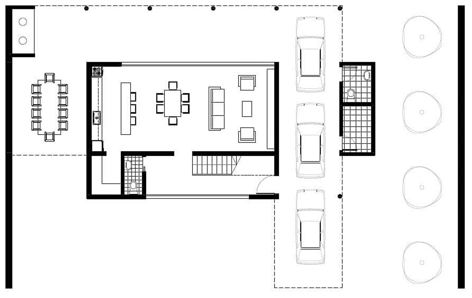 Plano de casa moderna con espacios abiertos y garaje para tres autos — proyecto Casa en el Pato, por Arquitecto Guido Niccoli, en El Pato