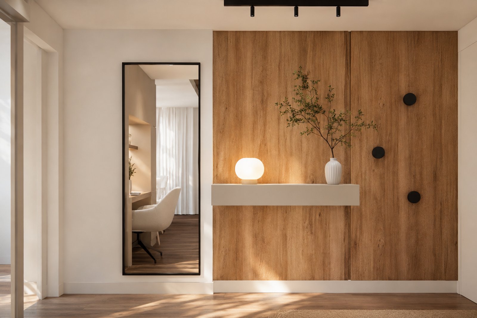 Hall moderno com espelho longo e parede de madeira — projeto Diseño cálido de departamento, por Mela Deco Design, em Rosario