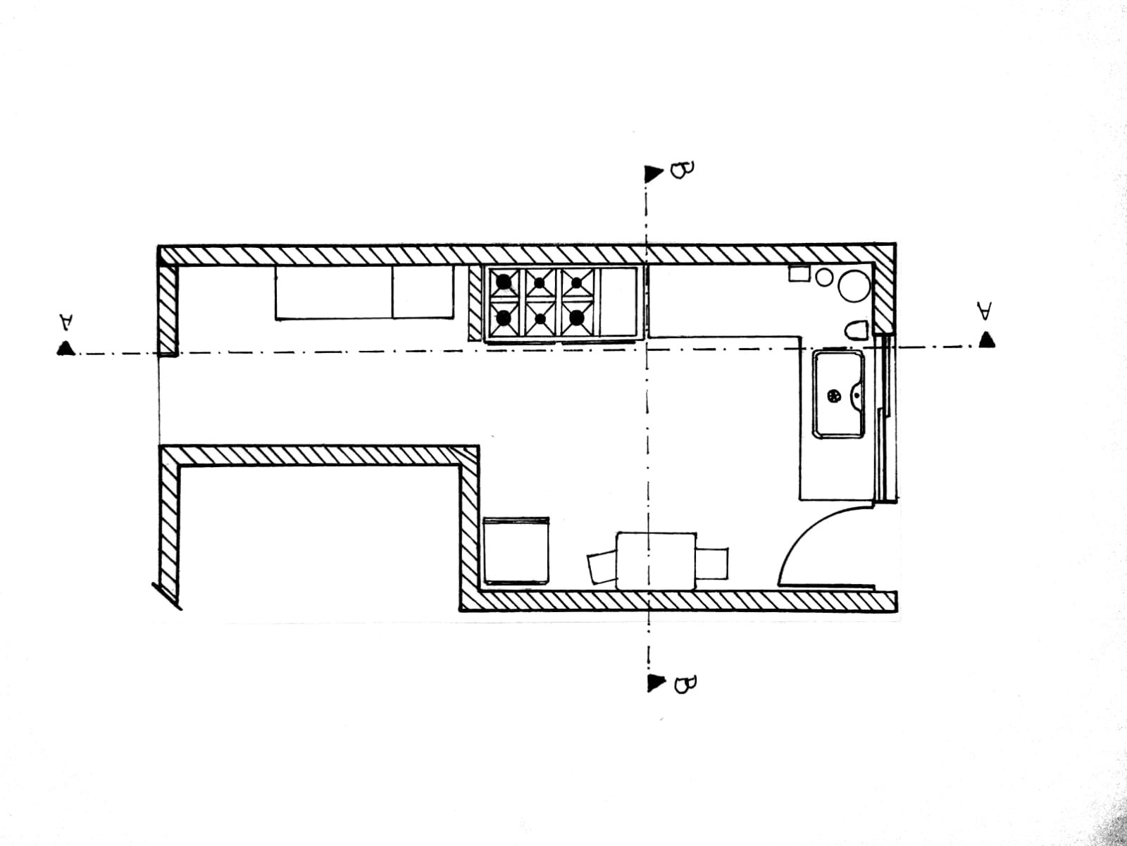 Plano de cocina y comedor modernos, abiertos y funcionales — proyecto Reforma Total - Ampliacion, por Atelier de Diseño Interior - Luján Macia, en Río Colorado