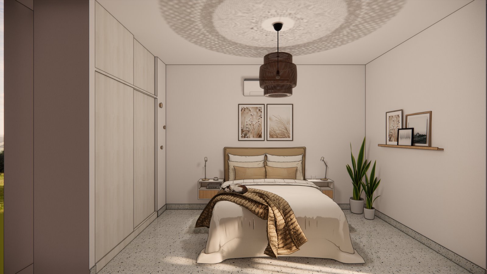 Quarto moderno com cama grande, tapete texturizado e luminária pendente tecida — projeto PROYECTO DN, por Todo con A, em X5125 Monte Cristo