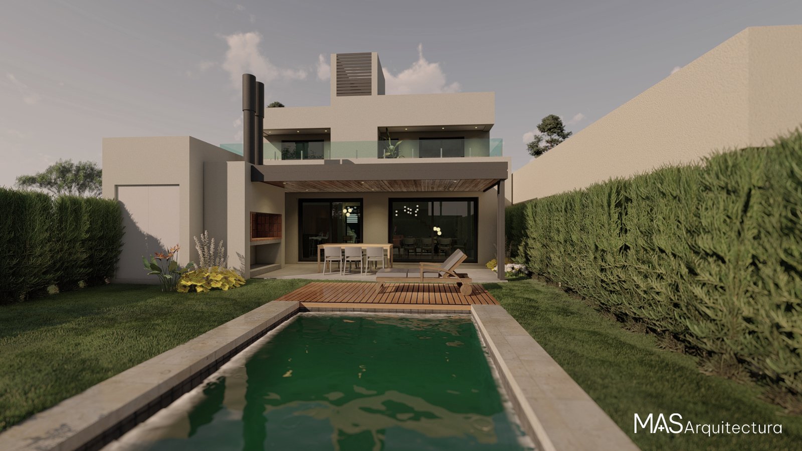 Fachada moderna con piscina y deck en entorno suburbano — proyecto Casa La Serena, por  MAS Arquitectura, en Alvear