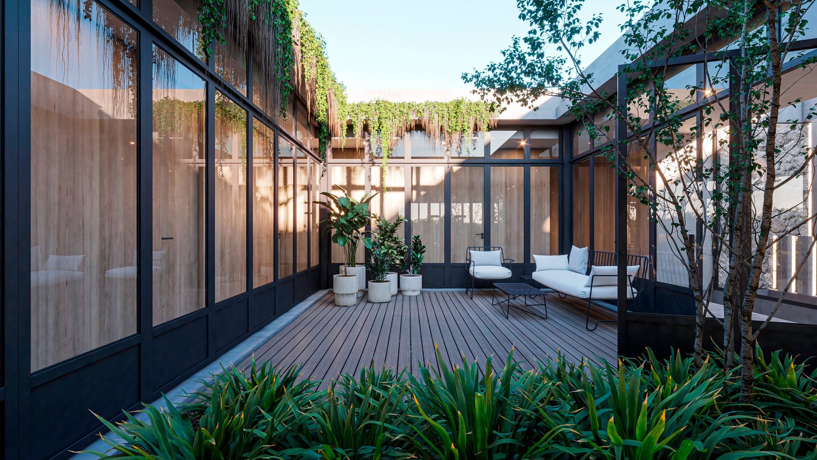 Patio moderno con deck de madera y ventanales de piso a techo — proyecto Casa GOLF, por Grupo CRBN, en Ruta Panamericana Nº. 9