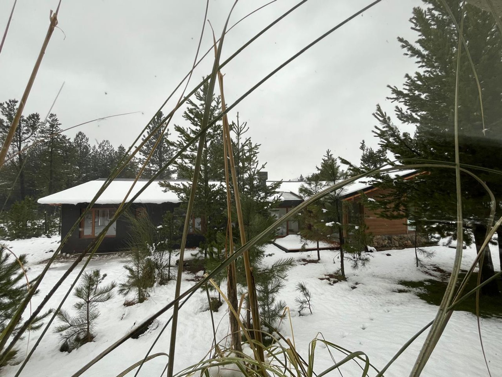 Fachada de casa moderna rústica en bosque nevado con grandes ventanales — proyecto Casa Arcoiris, por Arquitecta Grace Overgaard, en Acceso Al Challhuaco