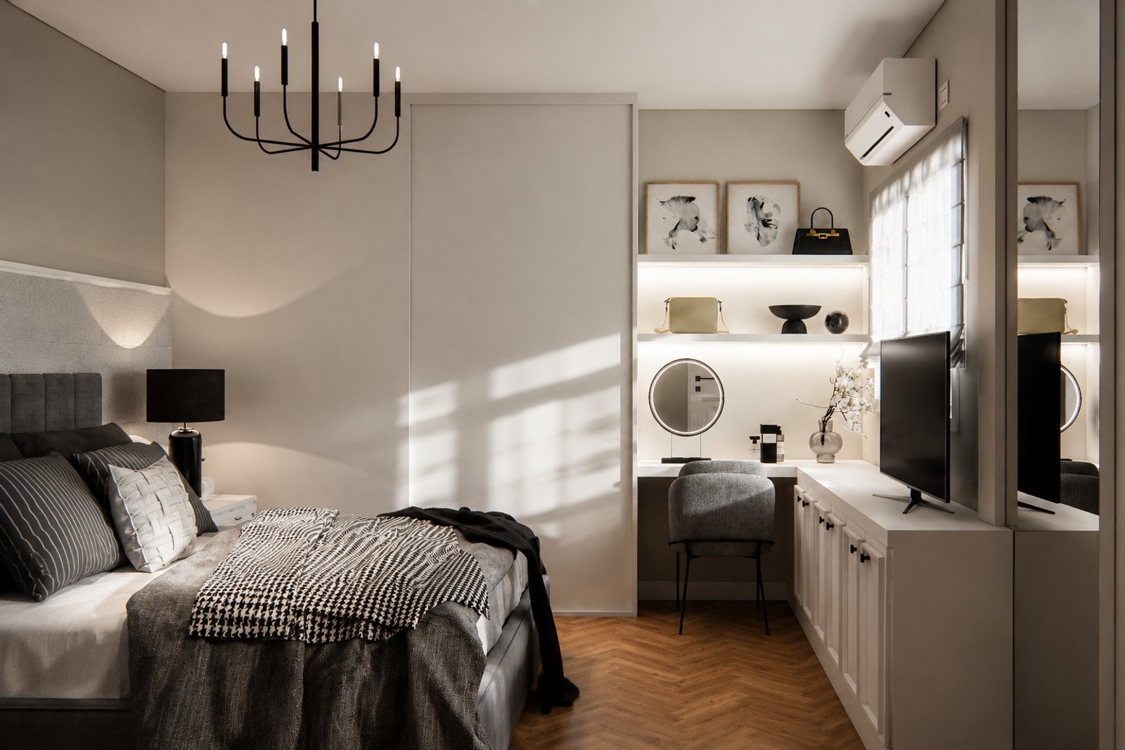 Dormitorio moderno con zona de escritorio y almacenamiento integrado — proyecto Diseño de dormitorio principal en blanco y negro , por Mela Deco Design, en Buenos Aires