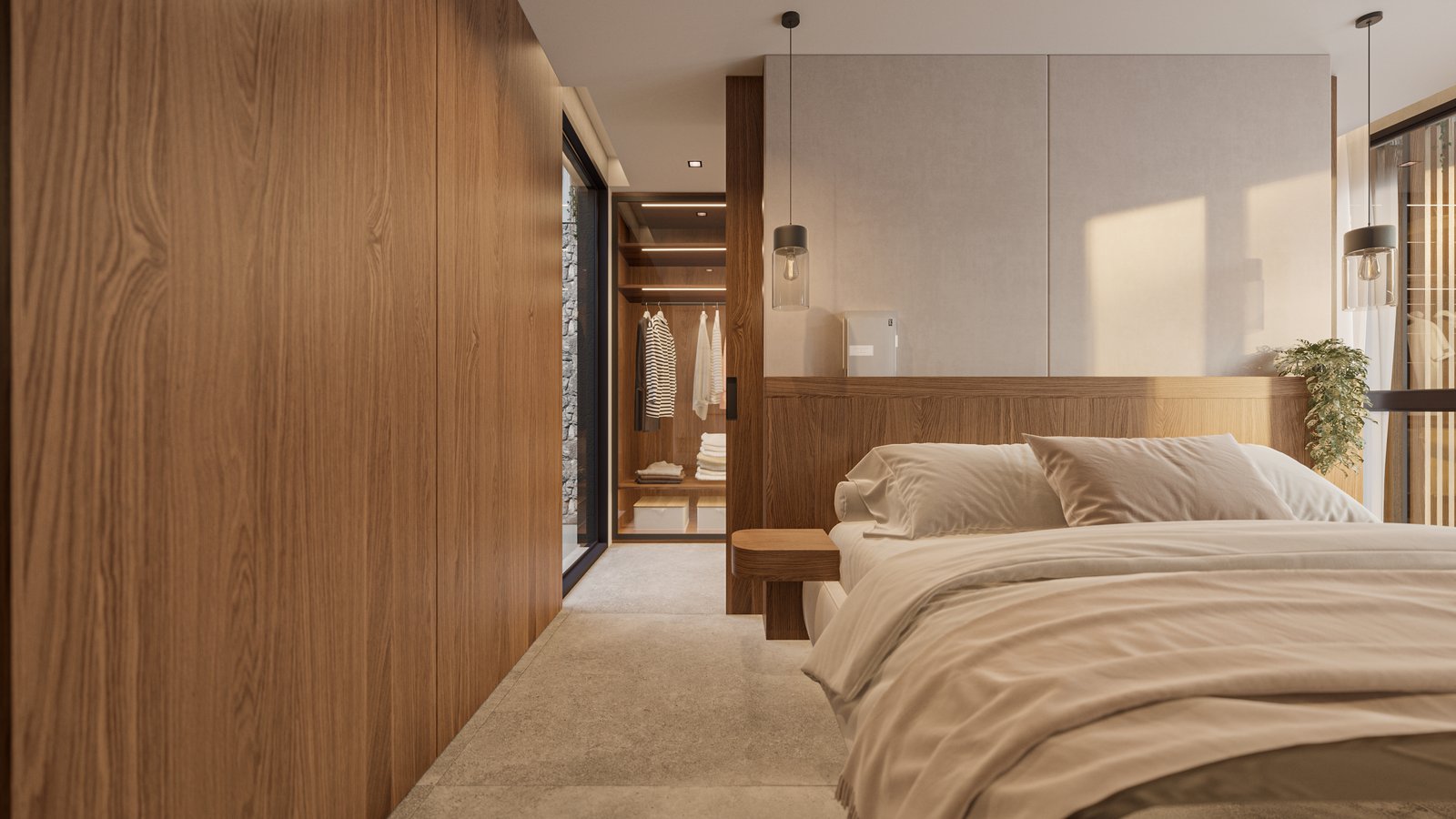 Dormitorio moderno con paneles de madera y vestidor — proyecto Casa IZA, por Grupo CRBN, en Villa Urquiza