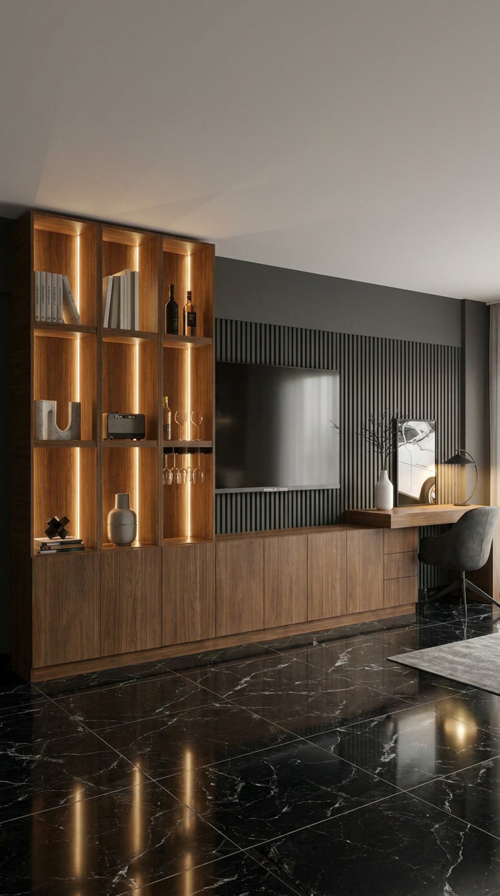 Living moderno con estanterías integradas y escritorio flotante — proyecto Diseño de departamento masculino , por Mela Deco Design, en Buenos Aires