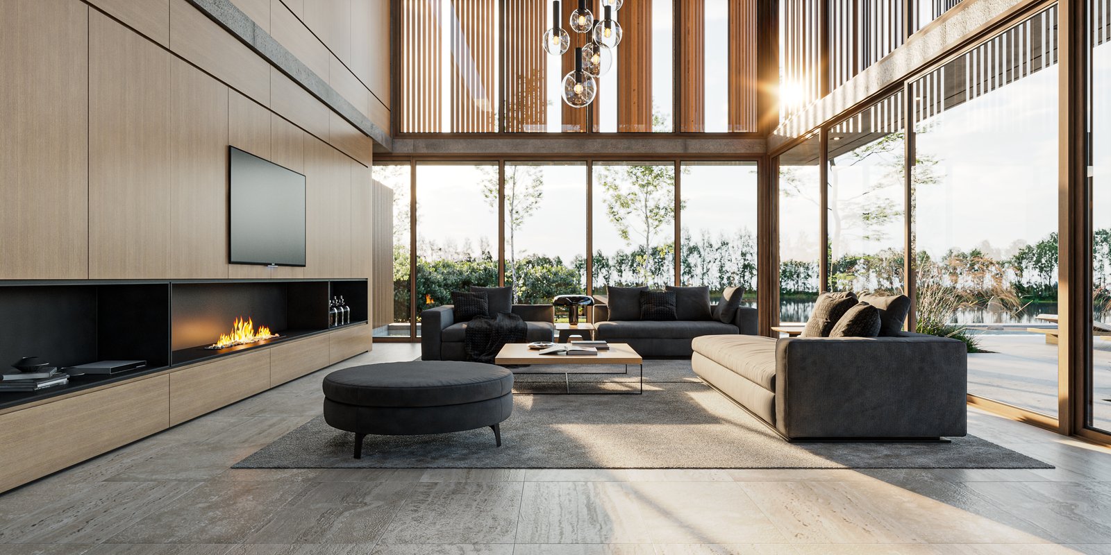 Living moderno de doble altura con paneles de madera y chimenea — proyecto Casa BRIDGE, por Grupo CRBN, en Av. de los Lagos 1815