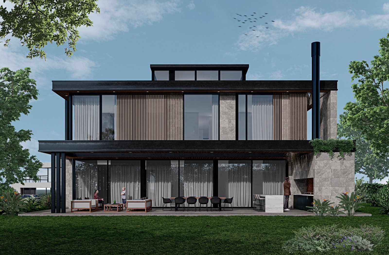 Fachada moderna con amplios ventanales y detalles en piedra — proyecto Los Puentes 255, Nordelta, por Build a Home Arquitectura, en Rincón de Milberg