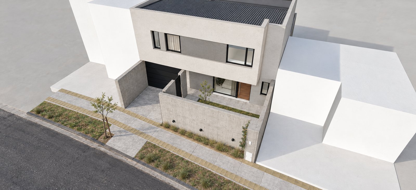 Casa moderna de hormigón con diseño angular y patio — proyecto Casa PF, por Pedro Vilchez, en Neuquén