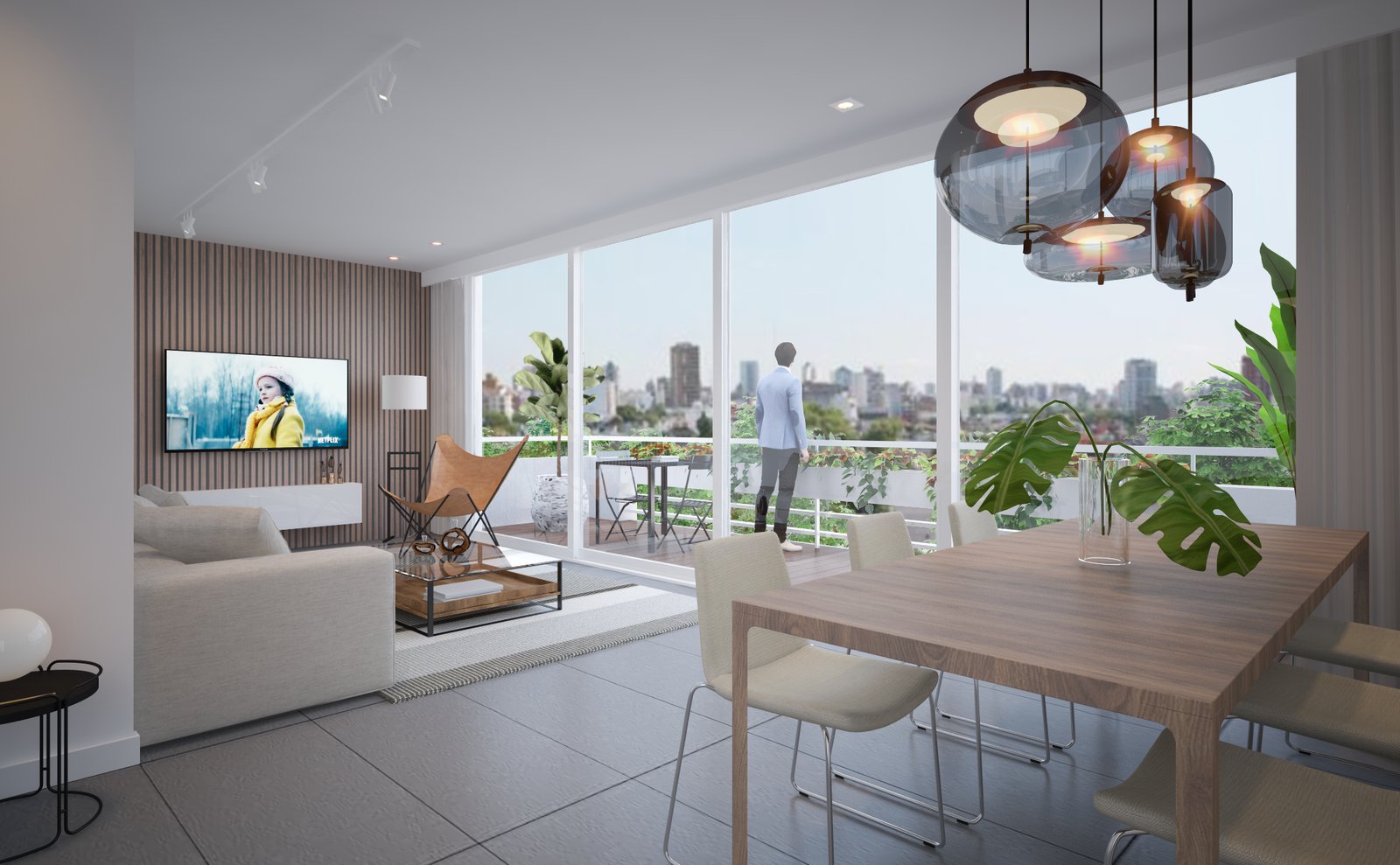 Sala de estar moderna com vista urbana e varanda — projeto Edificio Complejo Araoz-Scalabrini, por LW Lopez Wolder arquitectos, em Av. Raúl Scalabrini Ortiz 1037