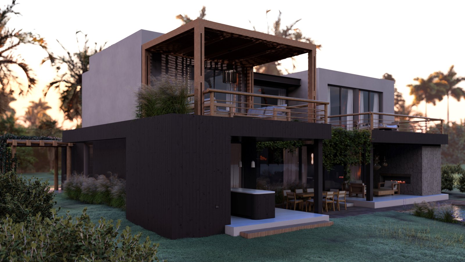 Fachada moderna de casa con pérgola de madera y jacuzzi — proyecto Casa AT , por Hermann Arquitectos, en Av. de los Lagos