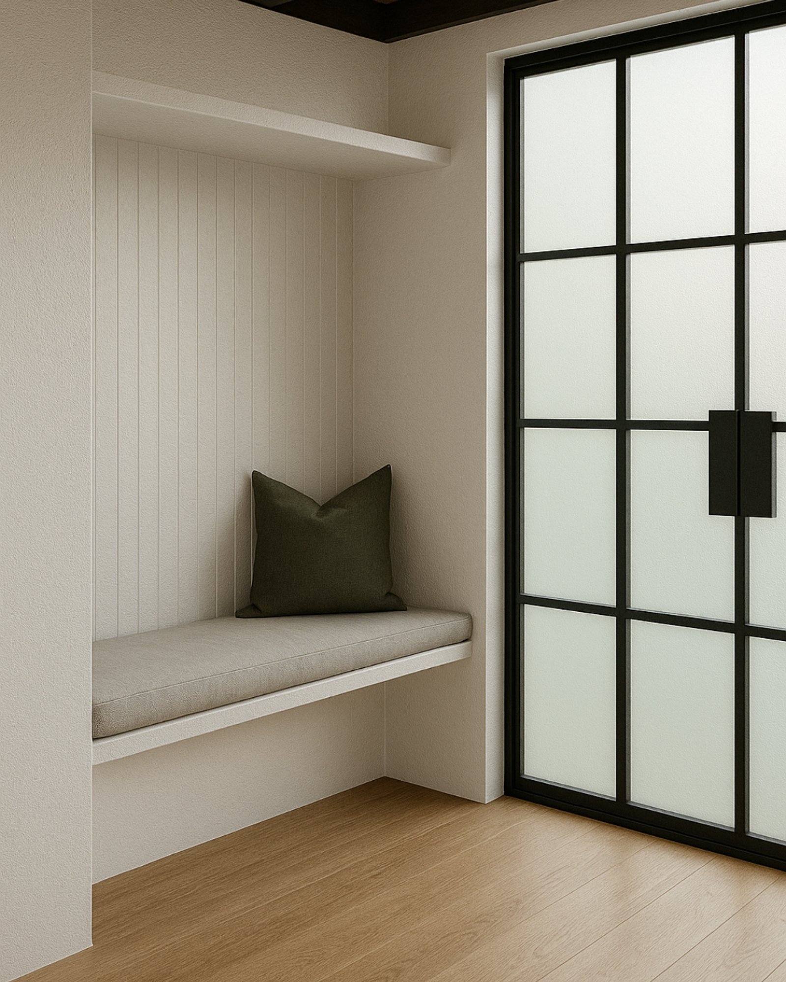 Banqueta integrada con almohadón, puerta de vidrio esmerilado, piso de madera — proyecto Mudroom Brumana, por Casa Rosa Estudio, en Bella Vista