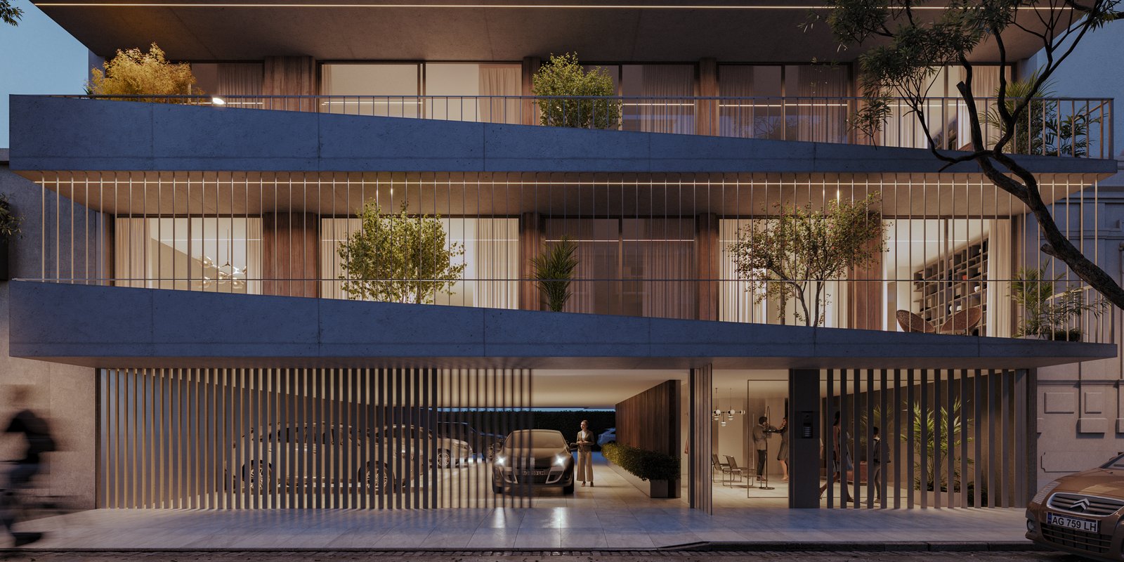 Fachada moderna con capas horizontales y luz indirecta — proyecto Edificio Valentin, por LW Lopez Wolder arquitectos, en Valentín Gómez 3632