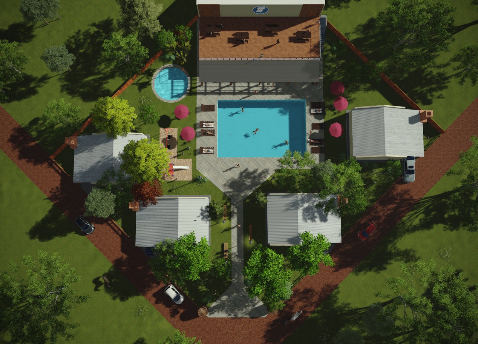 Complejo residencial moderno con piscina tipo resort y pérgola — proyecto Complejo de cabañas, por Arquitecto Gustavo Maidana, en Santa Ana de los Guácaras