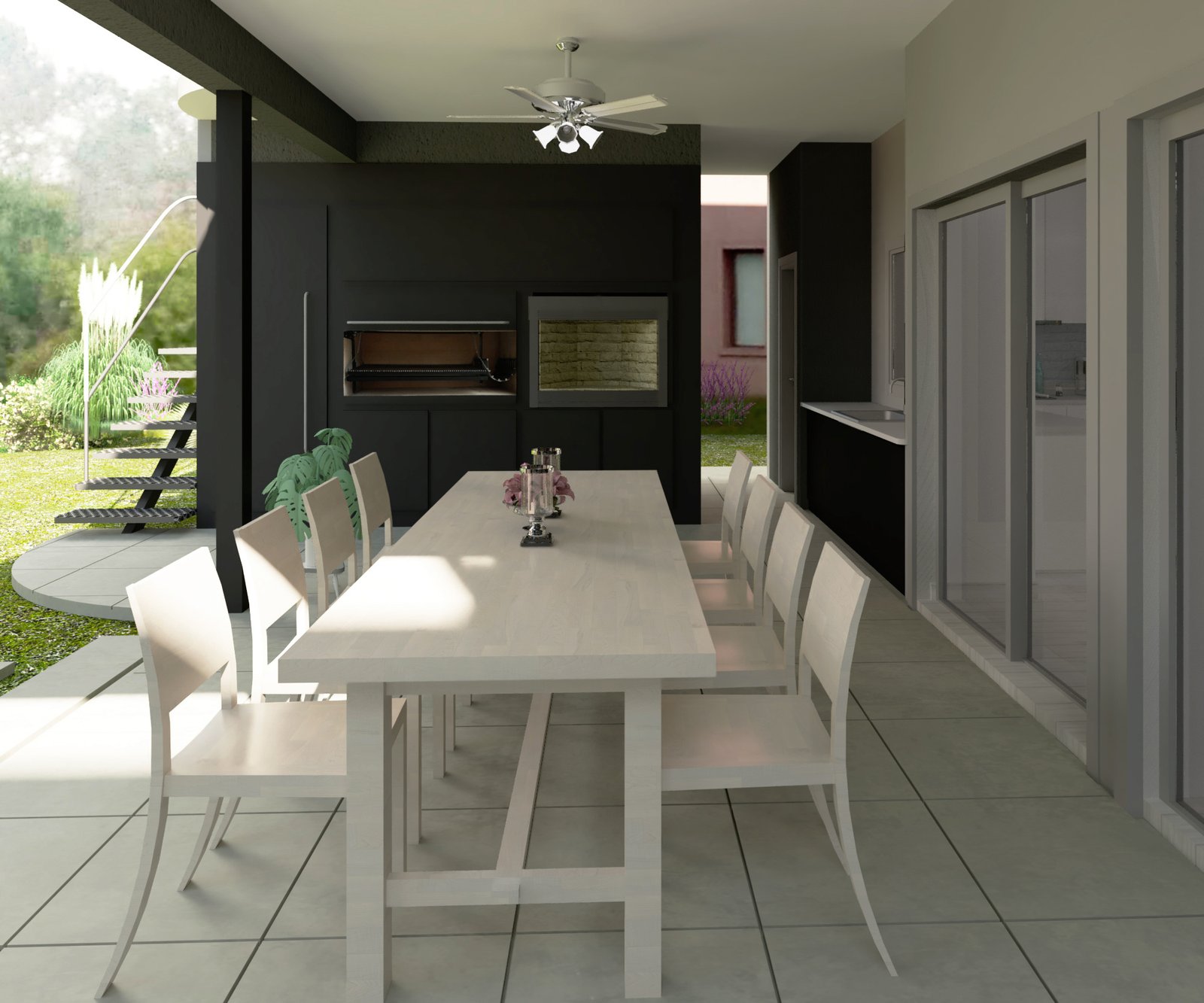 Comedor exterior moderno con parrilla integrada y mobiliario minimalista — proyecto Casa SuAl, por Arquitecto, en Blas Parera 1300