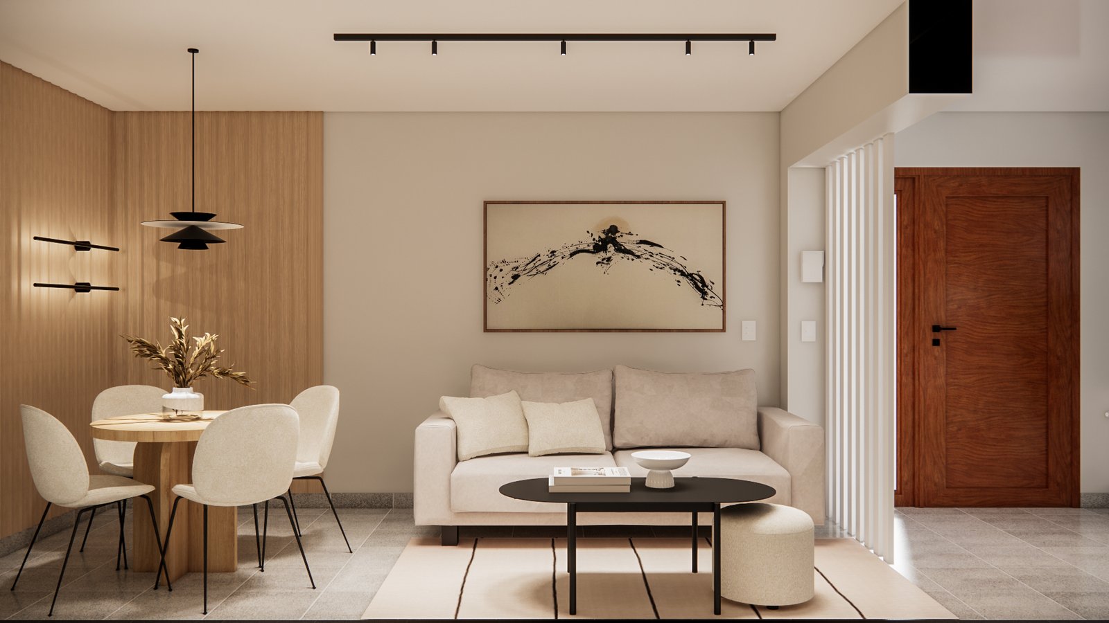 Living y comedor moderno con detalles en madera — proyecto Sala de estar contemporánea y cálida, por Mela Deco Design, en Buenos Aires