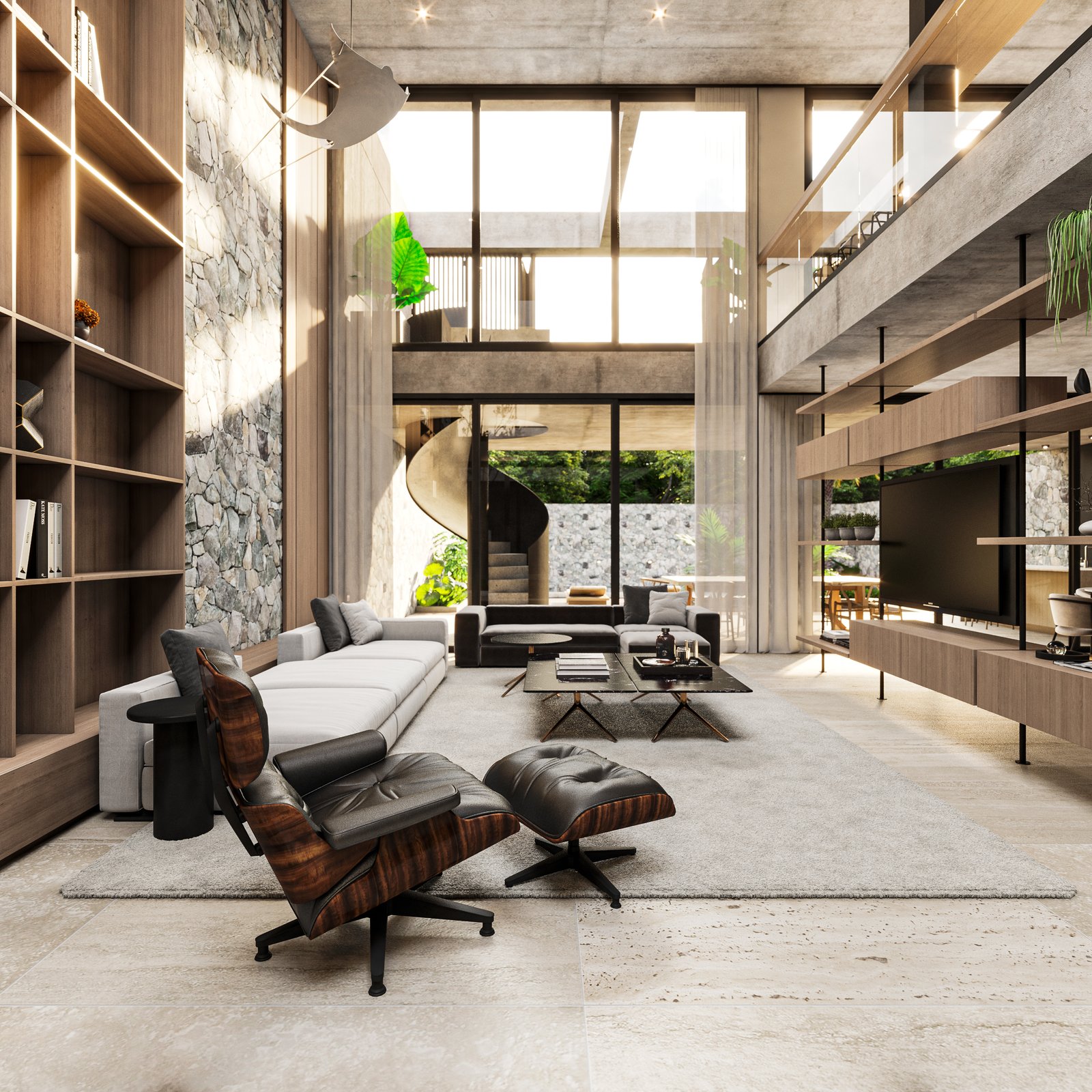 Living moderno con altura doble y ventanas de piso a techo — proyecto Casa MITO, por Grupo CRBN, en Ituzaingó