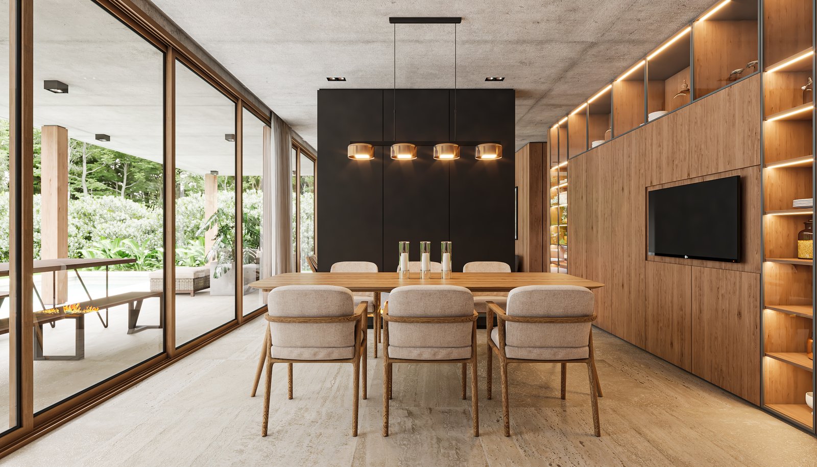 Comedor moderno con ventanales al bosque y detalles en madera — proyecto Casa BRAVA, por Grupo CRBN, en Alejandro Korn