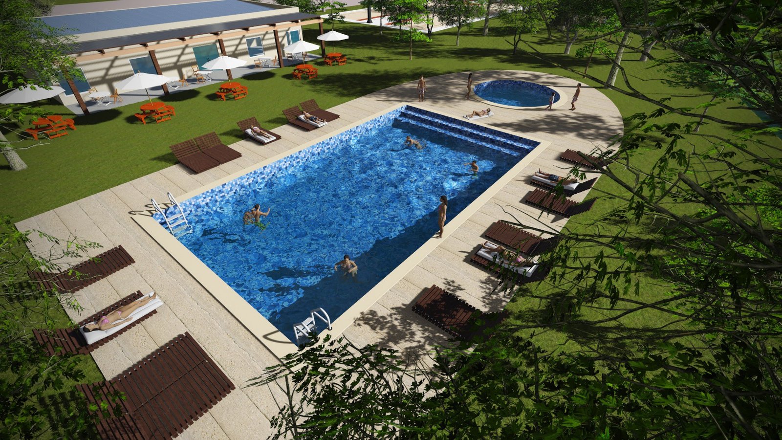 Área de piscina moderna com lounge, jantar e churrasqueira externa — projeto Complejo turístico, sindicato de cerveceros Corrientes., por Arquitecto Gustavo Maidana, em Paso de la 