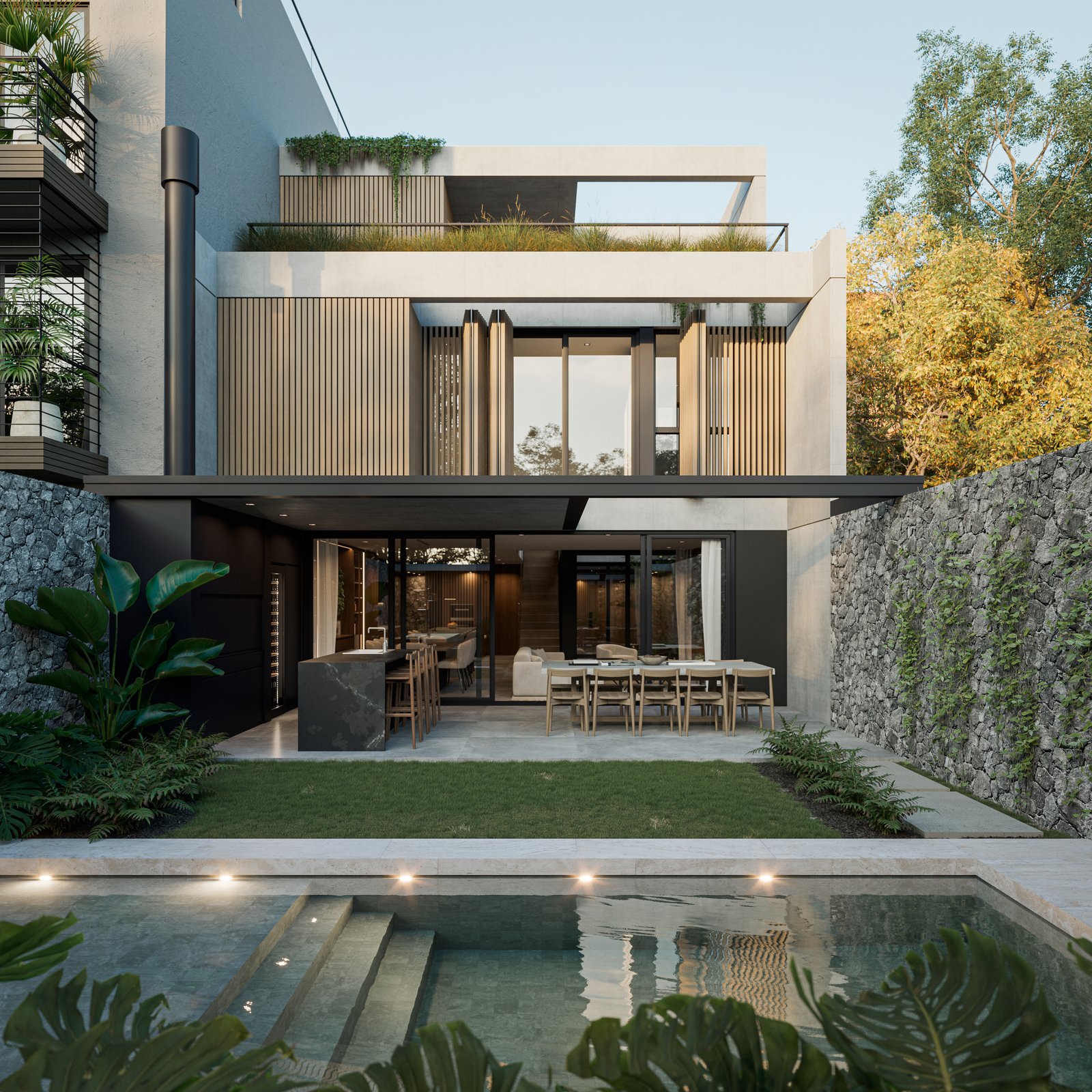Fachada moderna con piscina y jardín, revestimiento de piedra y madera — proyecto Casa IZA, por Grupo CRBN, en Villa Urquiza