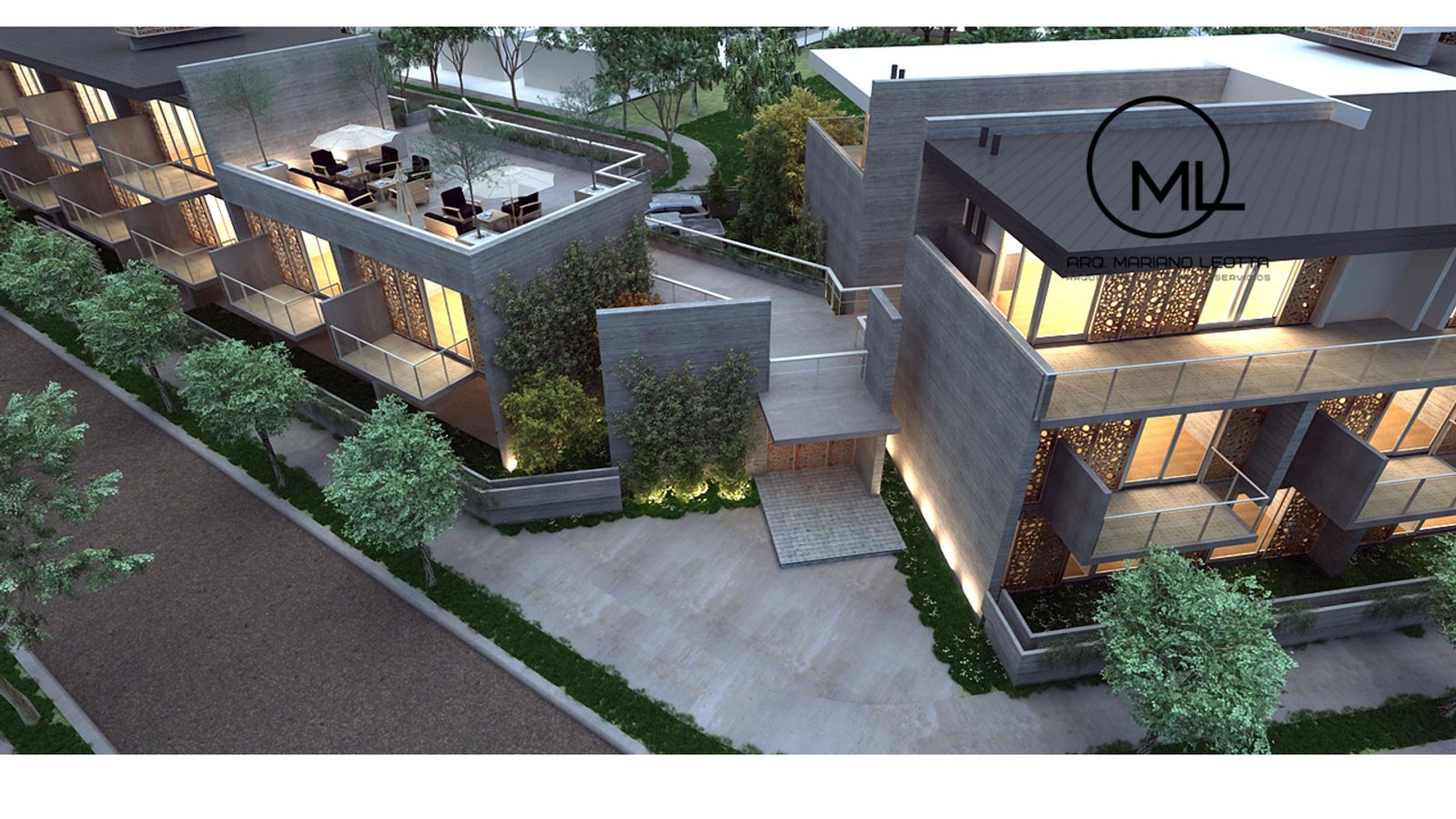 Fachada moderna de edifício residencial com varandas e pátio — projeto CONSORCIO MULTIFAMILIAR, por ML ARQUITECTURA / ARQ. MARIANO LEOTTA, em Rivadavia