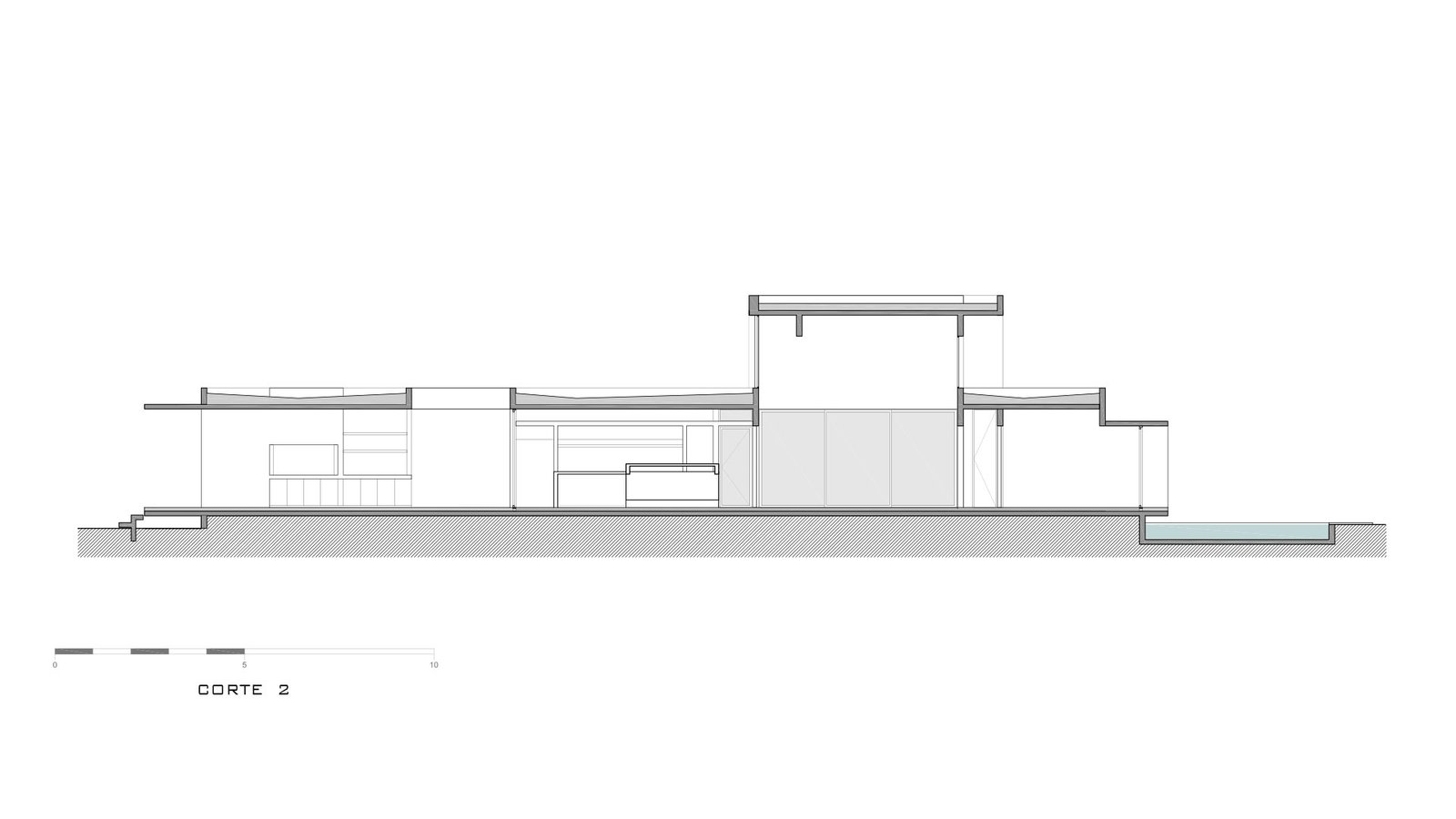 plano arquitectónico de corte transversal de una casa moderna — proyecto Casa Leloir, por Besonías Almeida arquitectos, en Parque Leloir