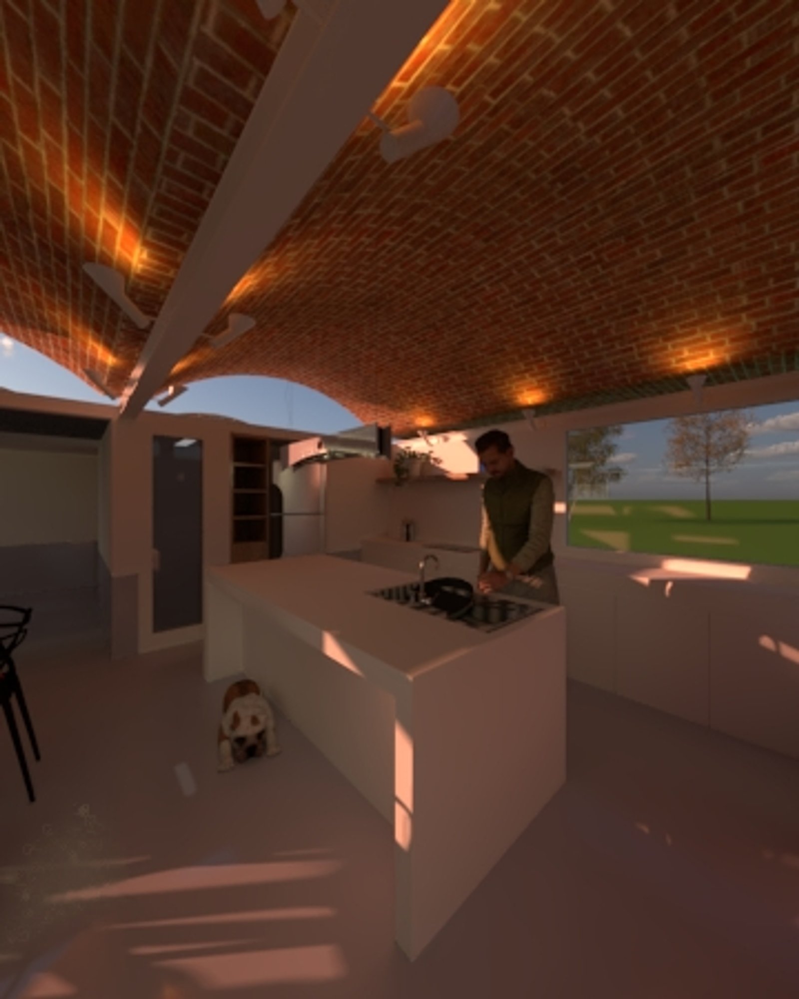 Cocina moderna con techo curvo de ladrillos y isla blanca — proyecto Monopol , por Agostina Litvak , en Pilar