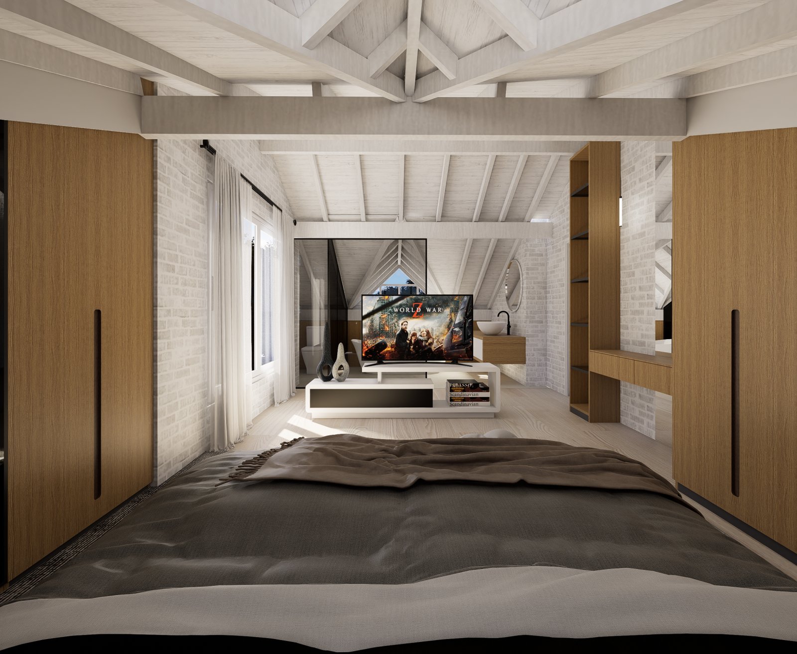 Dormitorio moderno de planta abierta con sala de estar integrada — proyecto Jocker, por Plasma co, en Ezeiza