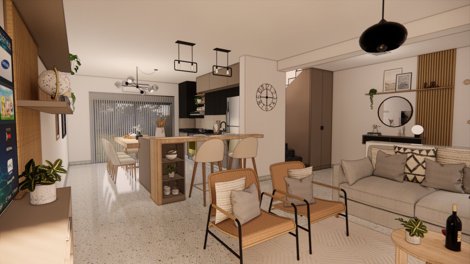 Living moderno con cocina integrada y detalles en madera — proyecto PROYECTO MJC, por Todo con A, en X5125 Monte Cristo
