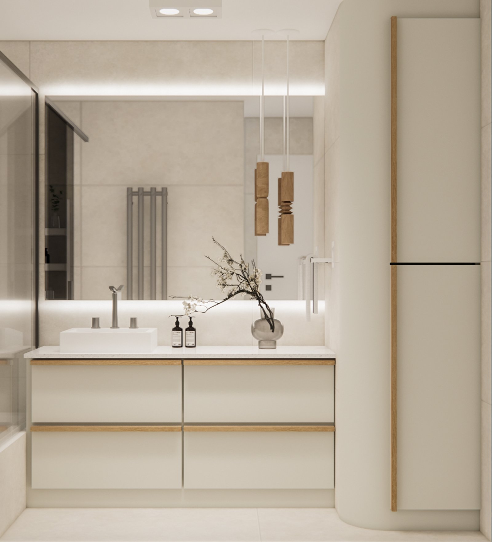 Baño moderno minimalista con vanitory curvo y detalles en madera — proyecto Apartamento familiar con estilo moderno y sofisticado, por Mela Deco Design, en Buenos Aires