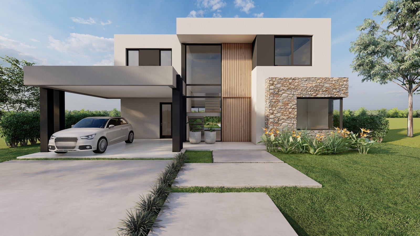 Casa moderna de dos pisos con carport y fachada de piedra — proyecto CC 37, por CHERMAT, en AVZ
