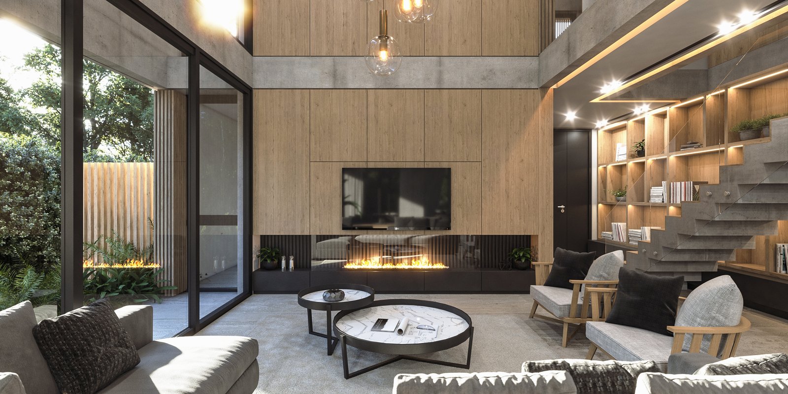 Living moderno con altura doble y paredes de madera — proyecto Casa TERRA, por Grupo CRBN, en Los Robles 5901