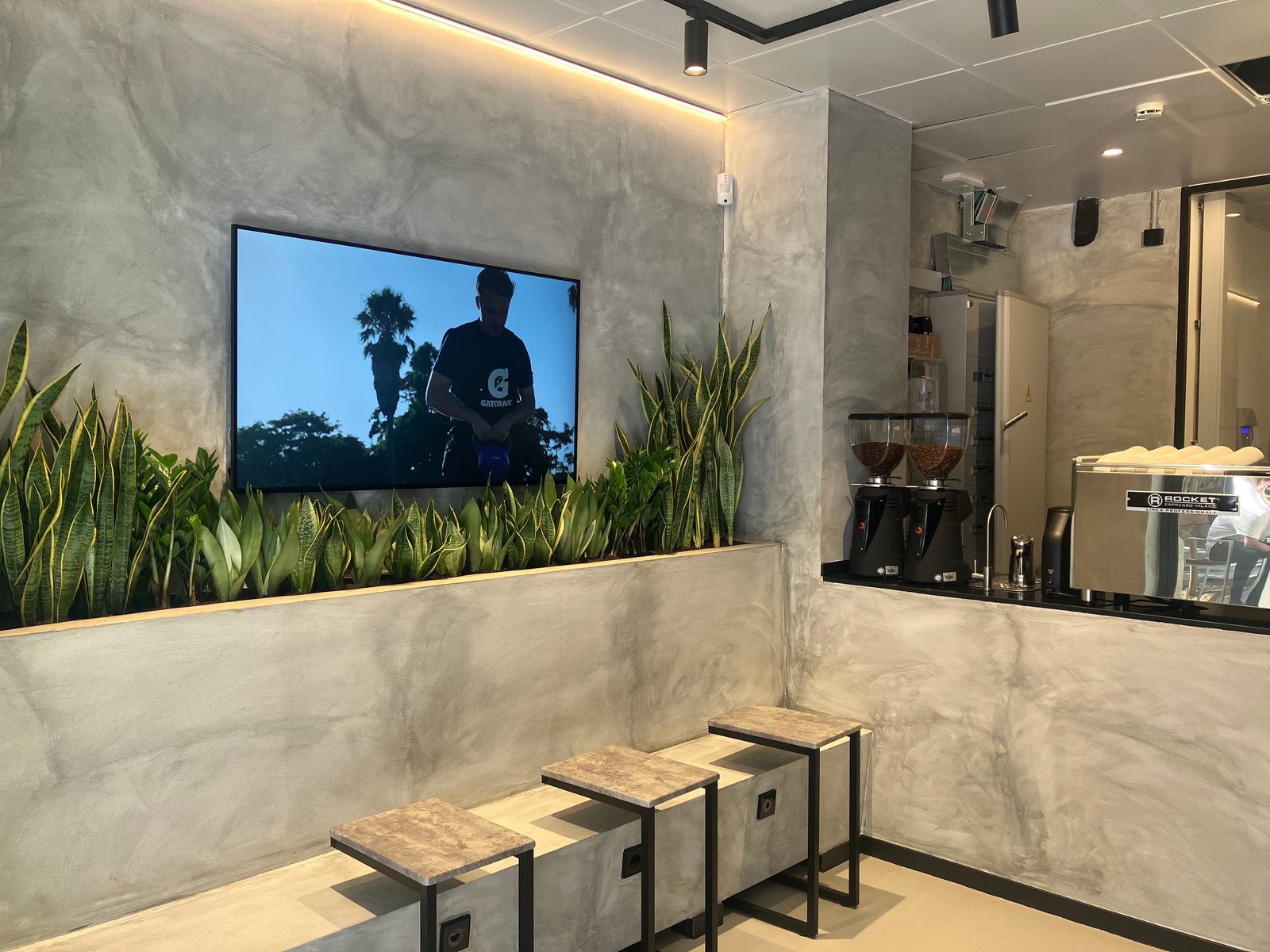 Cafeteria industrial com tela grande e plantas — projeto BIGG EIXAMPLE, por GeN Arquitectura, em Carrer del Consell de Cent