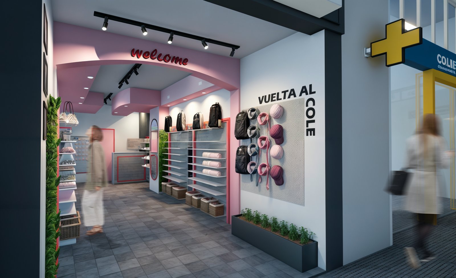 Loja comercial moderna com prateleiras modulares pretas e teto rosa — projeto PROYECTO LOCAL, por TD Interiorismo, em San Fernando del Valle de Catamarca