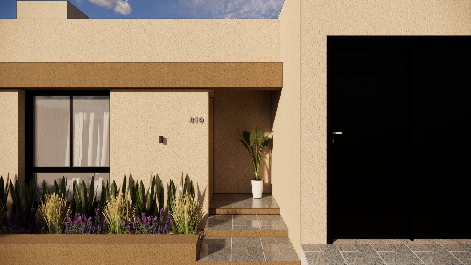 Fachada moderna com jardim elevado e porta preta — projeto FACHADA S&S, por Todo con A, em X5125 Monte Cristo